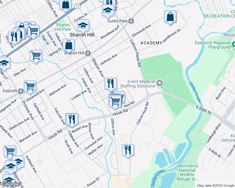 map of restaurants, bars, coffee shops, grocery stores, and more near 912 Pine Road in Sharon Hill