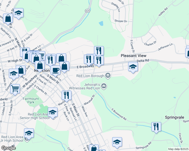 map of restaurants, bars, coffee shops, grocery stores, and more near in Red Lion