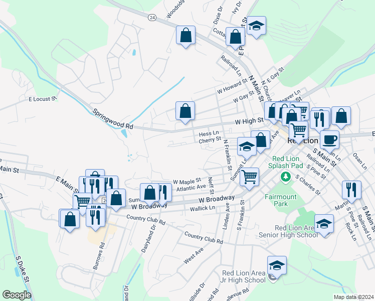 map of restaurants, bars, coffee shops, grocery stores, and more near 316 Cherry Street in Red Lion