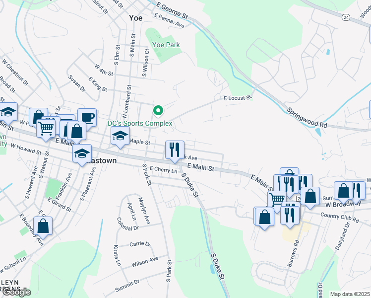 map of restaurants, bars, coffee shops, grocery stores, and more near 514 East Maple Street in Dallastown