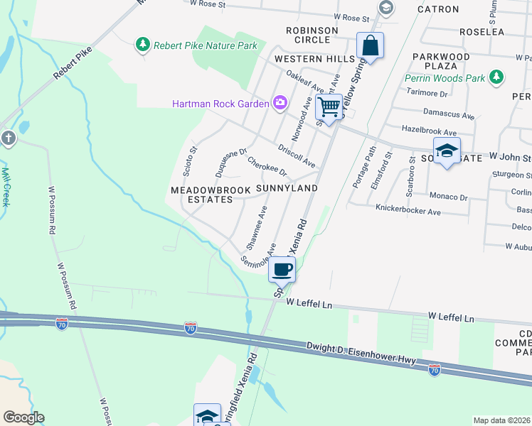 map of restaurants, bars, coffee shops, grocery stores, and more near 2212 Shawnee Avenue in Springfield