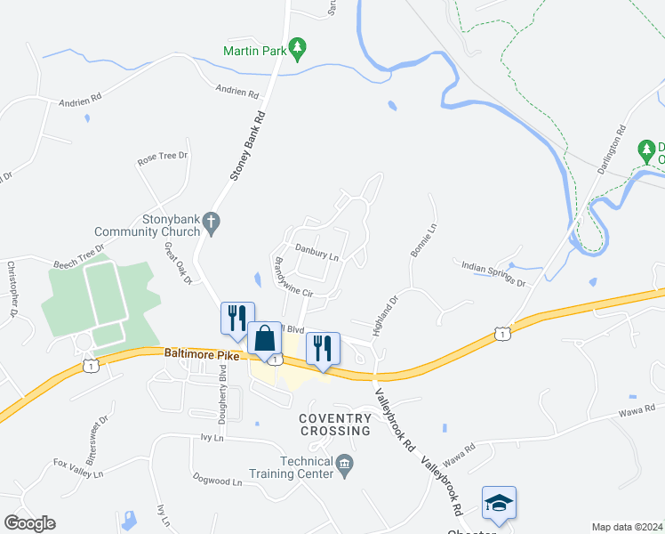 map of restaurants, bars, coffee shops, grocery stores, and more near 293 Stanton Court in Glen Mills