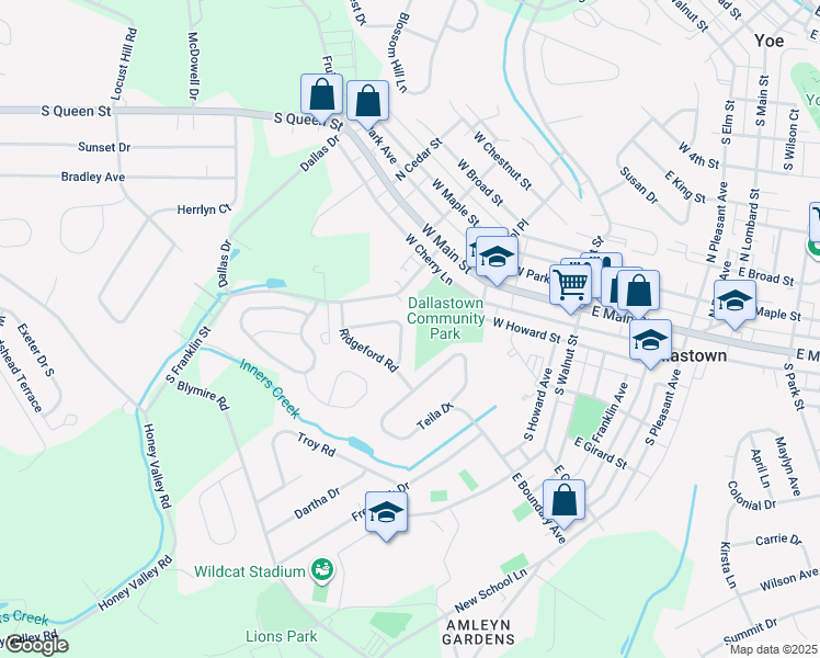 map of restaurants, bars, coffee shops, grocery stores, and more near 225 Leaderton Drive in Dallastown