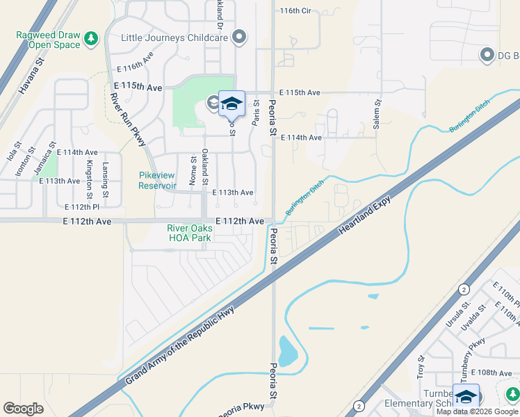 map of restaurants, bars, coffee shops, grocery stores, and more near 11260 Paris Street in Commerce City