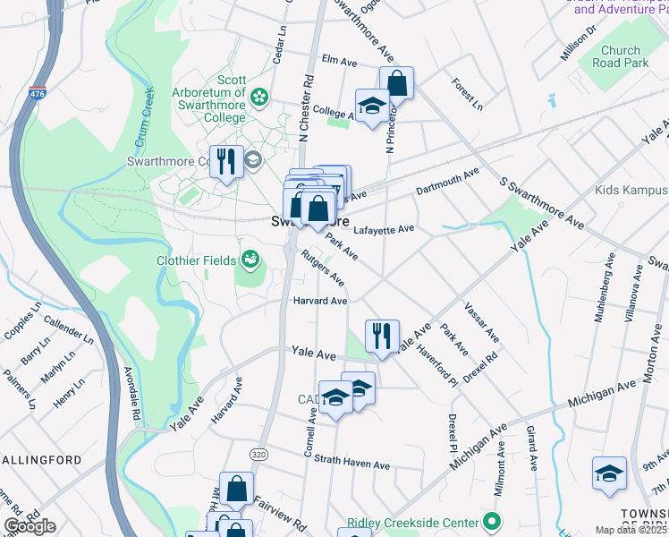 map of restaurants, bars, coffee shops, grocery stores, and more near 127 Rutgers Avenue in Swarthmore
