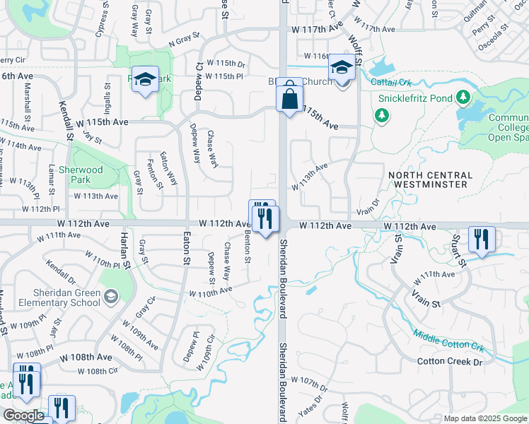 map of restaurants, bars, coffee shops, grocery stores, and more near 11230 Benton Street in Westminster