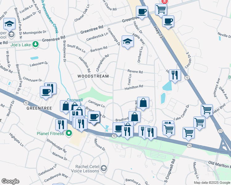 map of restaurants, bars, coffee shops, grocery stores, and more near 120 Conestoga Drive in Evesham