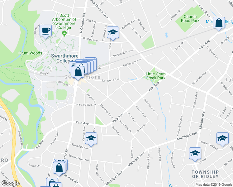 map of restaurants, bars, coffee shops, grocery stores, and more near 314 Harvard Avenue in Swarthmore