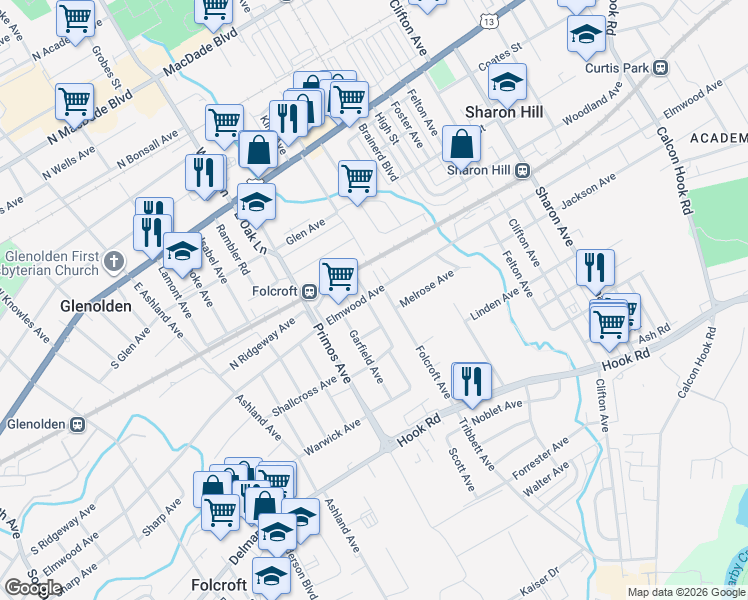 map of restaurants, bars, coffee shops, grocery stores, and more near 1511-1513 Elmwood Avenue in Folcroft