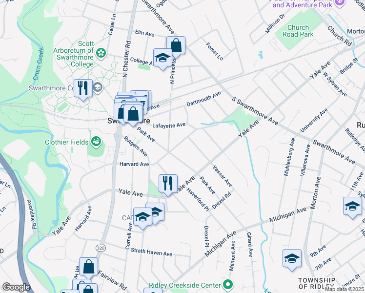 map of restaurants, bars, coffee shops, grocery stores, and more near 314 Harvard Avenue in Swarthmore