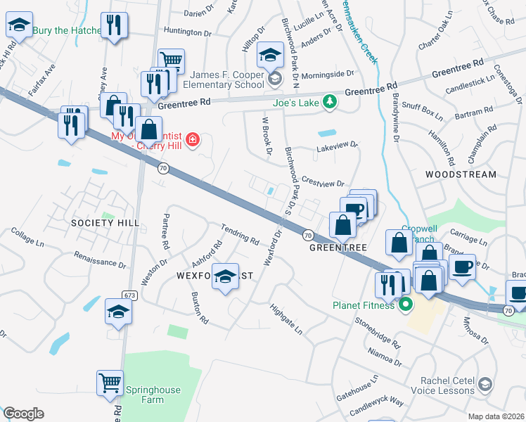 map of restaurants, bars, coffee shops, grocery stores, and more near 1980 Marlton Pike E in Greentree