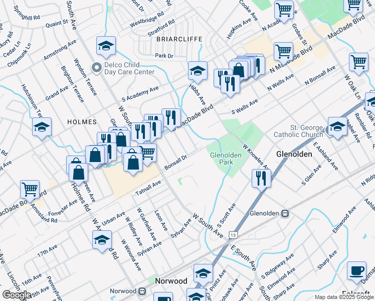 map of restaurants, bars, coffee shops, grocery stores, and more near 415 Werner Avenue in Glenolden