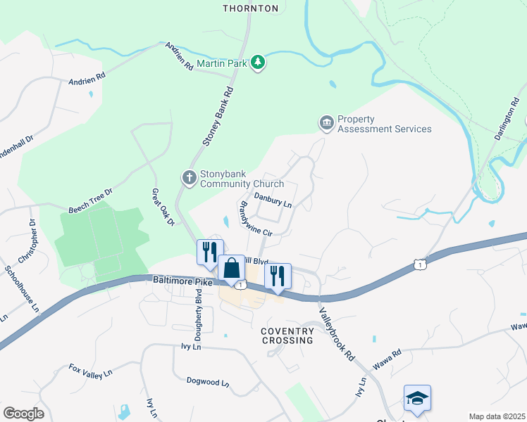 map of restaurants, bars, coffee shops, grocery stores, and more near 314 Stanton Court in Glen Mills