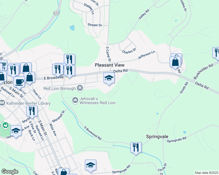 map of restaurants, bars, coffee shops, grocery stores, and more near 700 Delta Road in Red Lion