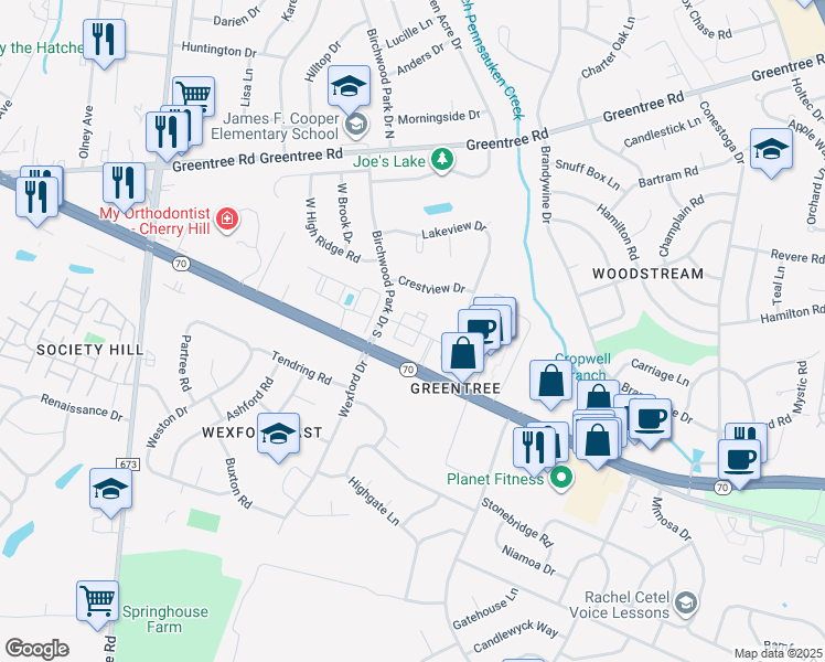 map of restaurants, bars, coffee shops, grocery stores, and more near Greene Lane in Cherry Hill