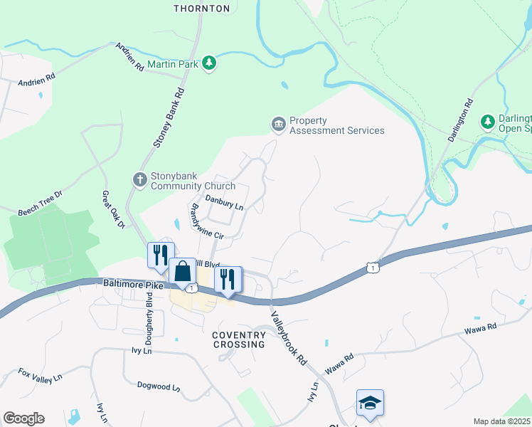 map of restaurants, bars, coffee shops, grocery stores, and more near 205 Nottingham Court in Glen Mills