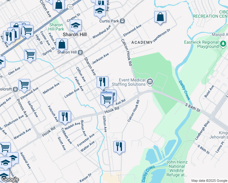 map of restaurants, bars, coffee shops, grocery stores, and more near 920 Burnside Road in Sharon Hill