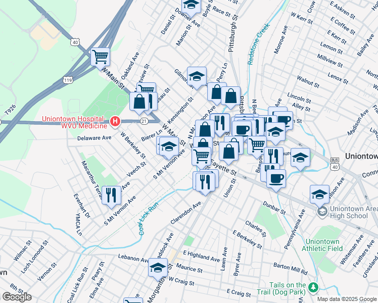 map of restaurants, bars, coffee shops, grocery stores, and more near 139 West Fayette Street in Uniontown