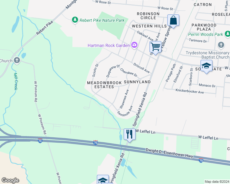 map of restaurants, bars, coffee shops, grocery stores, and more near 2223 Iroquois Street in Springfield
