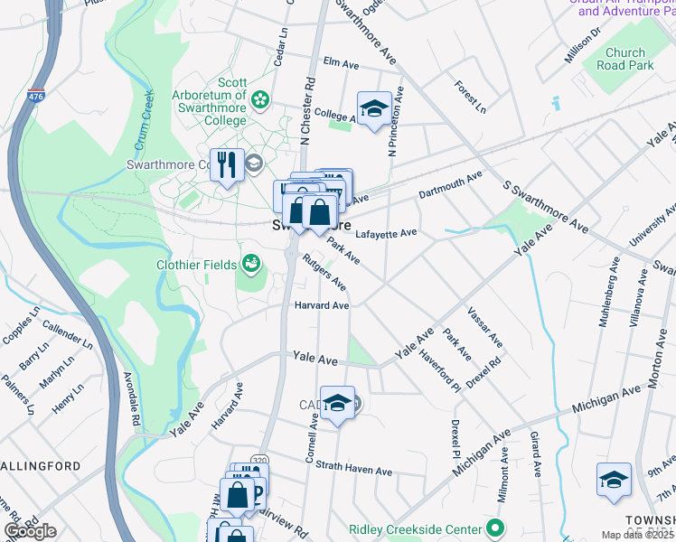 map of restaurants, bars, coffee shops, grocery stores, and more near 127 Rutgers Avenue in Swarthmore