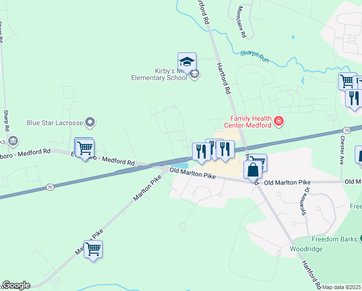 map of restaurants, bars, coffee shops, grocery stores, and more near 2 Morley Boulevard in Medford