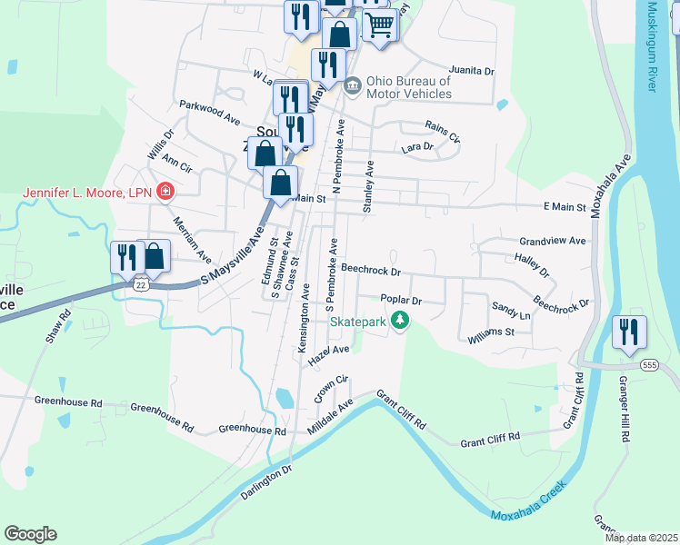 map of restaurants, bars, coffee shops, grocery stores, and more near 86 South Pembroke Avenue in South Zanesville
