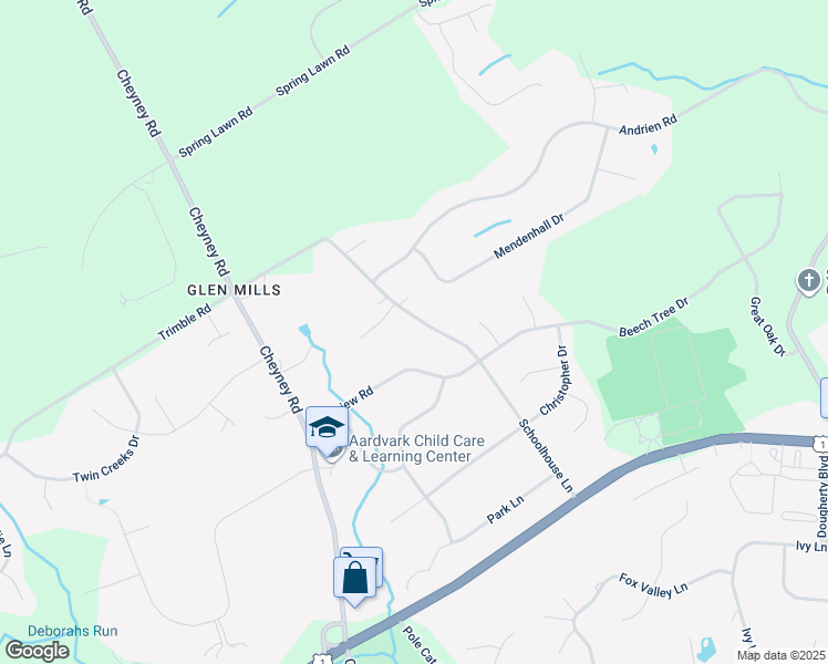 map of restaurants, bars, coffee shops, grocery stores, and more near 136 Schoolhouse Lane in Glen Mills