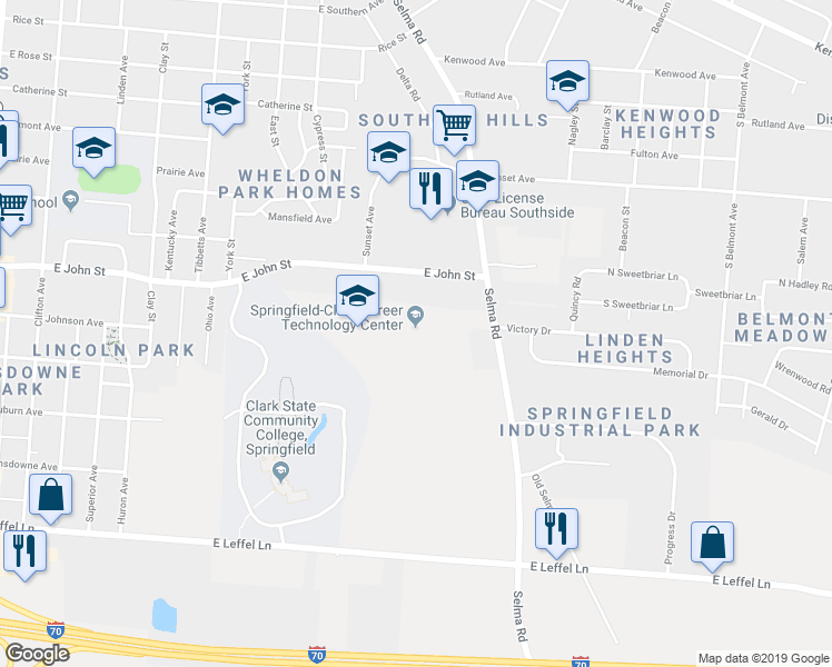 map of restaurants, bars, coffee shops, grocery stores, and more near 1901 Selma Road in Springfield
