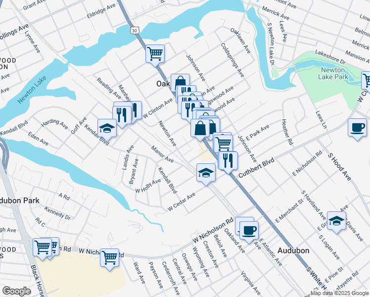 map of restaurants, bars, coffee shops, grocery stores, and more near 800 Newton Avenue in Oaklyn