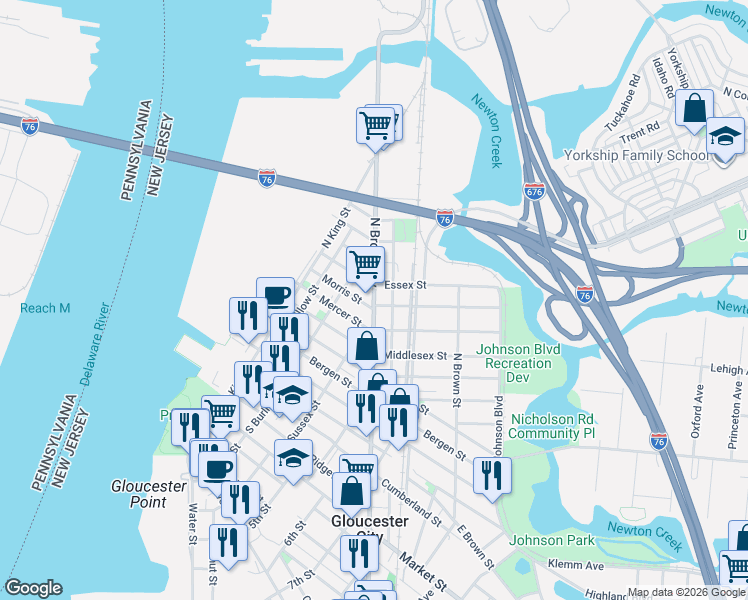 map of restaurants, bars, coffee shops, grocery stores, and more near 220 North Broadway in Gloucester City