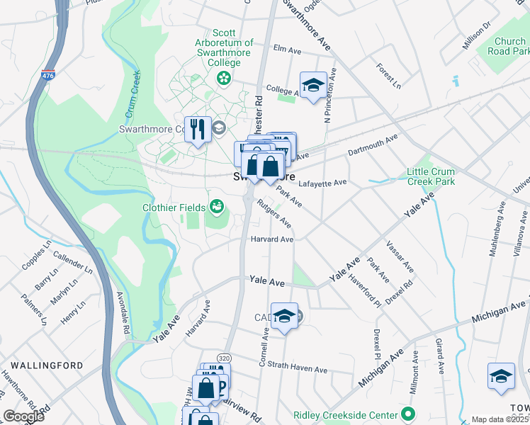 map of restaurants, bars, coffee shops, grocery stores, and more near 103 Cornell Avenue in Swarthmore