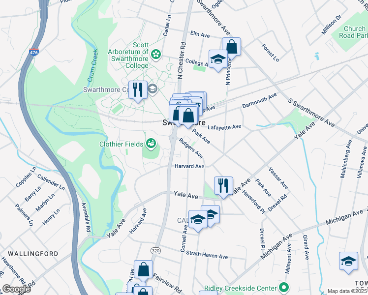map of restaurants, bars, coffee shops, grocery stores, and more near 103 Cornell Avenue in Swarthmore