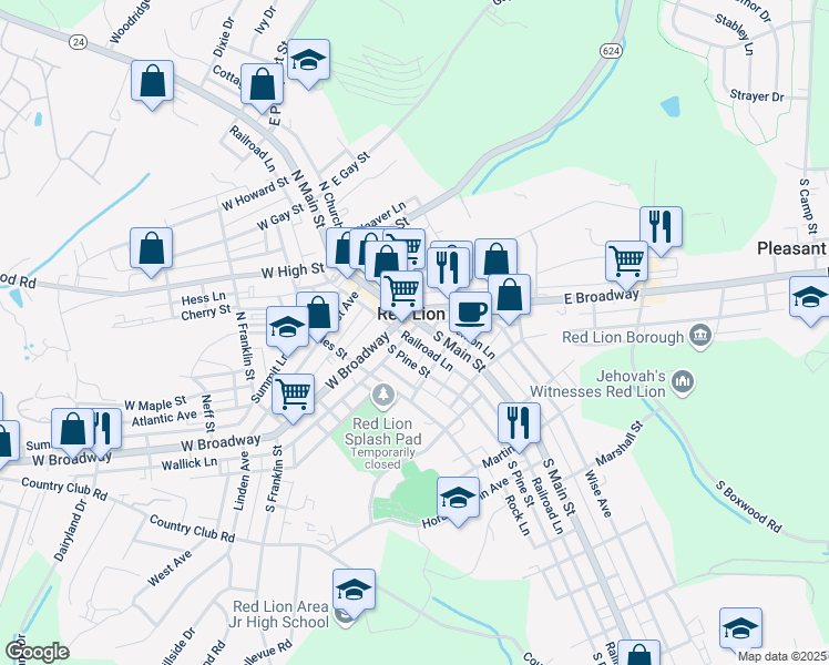 map of restaurants, bars, coffee shops, grocery stores, and more near 50-52 South Main Street in Red Lion