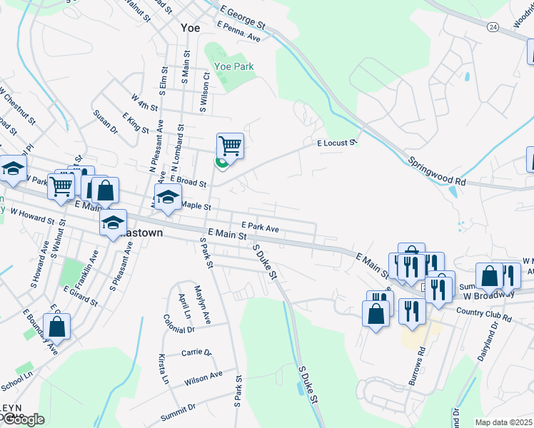 map of restaurants, bars, coffee shops, grocery stores, and more near 514 East Maple Street in Dallastown