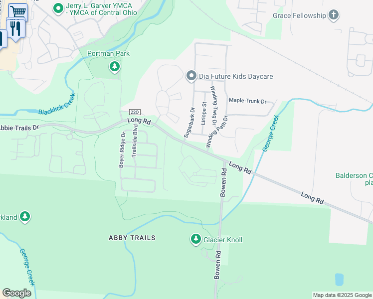 map of restaurants, bars, coffee shops, grocery stores, and more near 7464 Long Road in Canal Winchester