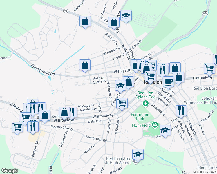 map of restaurants, bars, coffee shops, grocery stores, and more near 216 North Franklin Street in Red Lion