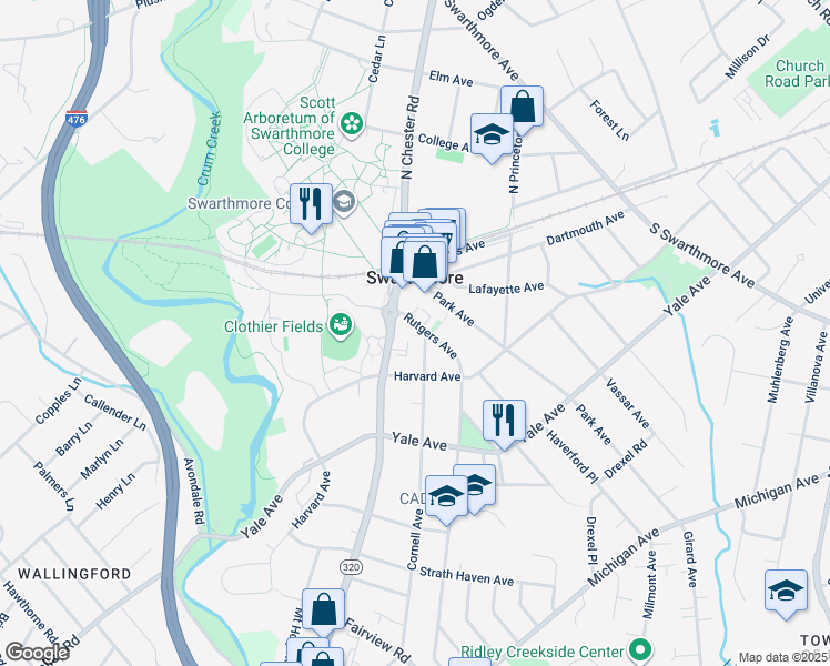 map of restaurants, bars, coffee shops, grocery stores, and more near 100 Rutgers Avenue in Swarthmore