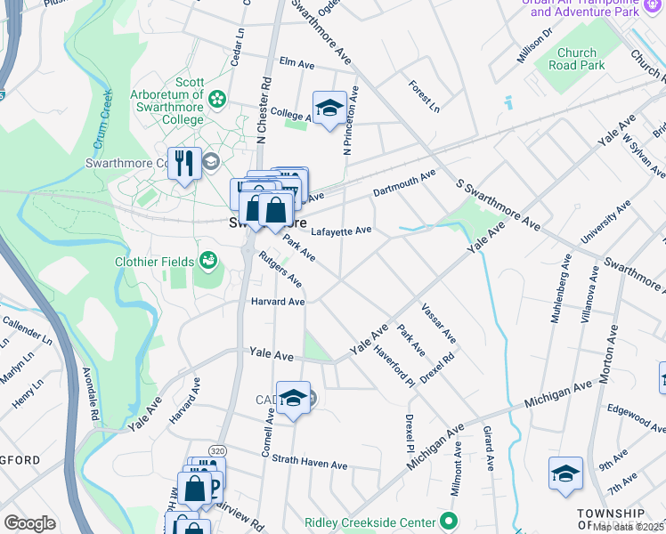 map of restaurants, bars, coffee shops, grocery stores, and more near 147 Park Avenue in Swarthmore