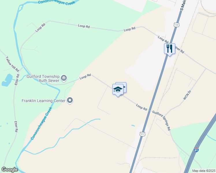 map of restaurants, bars, coffee shops, grocery stores, and more near 2463 Loop Road in Chambersburg