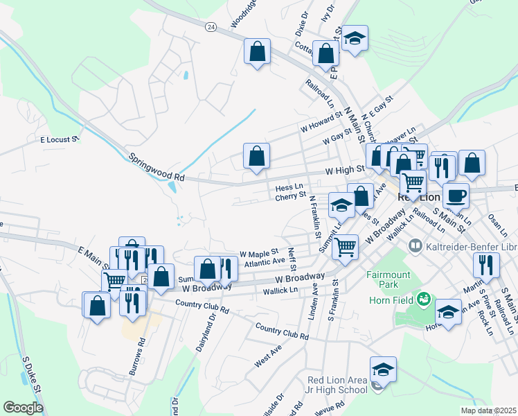 map of restaurants, bars, coffee shops, grocery stores, and more near 306 Cherry Street in Red Lion