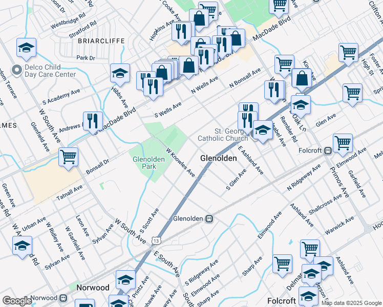 map of restaurants, bars, coffee shops, grocery stores, and more near 112 South Scott Avenue in Glenolden