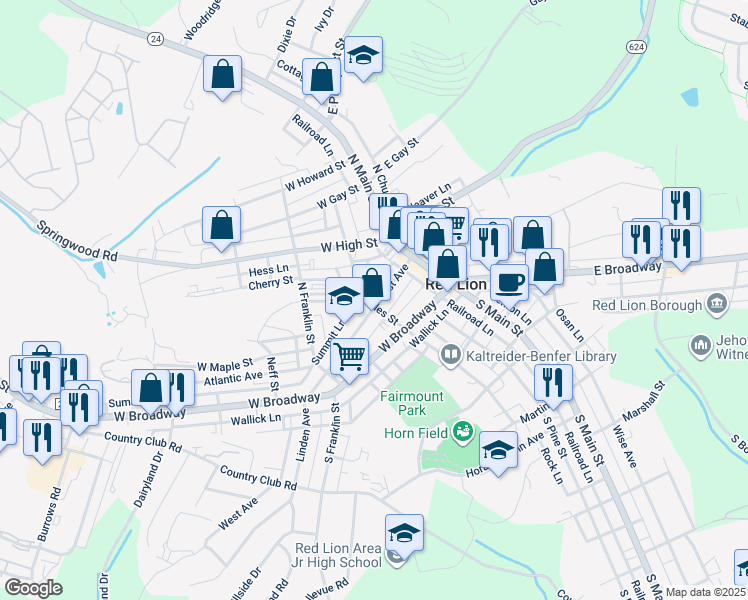 map of restaurants, bars, coffee shops, grocery stores, and more near 85 1st Avenue in Red Lion