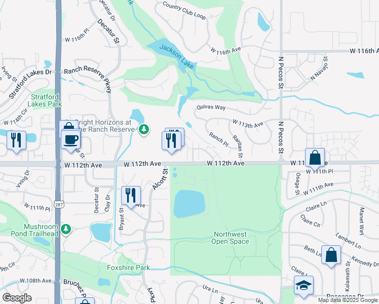 map of restaurants, bars, coffee shops, grocery stores, and more near 11204 Wyandot Street in Westminster