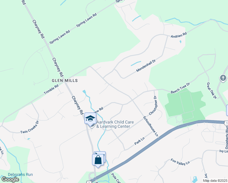 map of restaurants, bars, coffee shops, grocery stores, and more near 136 Schoolhouse Lane in Glen Mills
