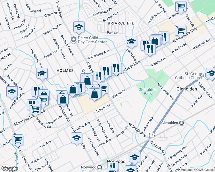 map of restaurants, bars, coffee shops, grocery stores, and more near 420 Benson Avenue in Glenolden