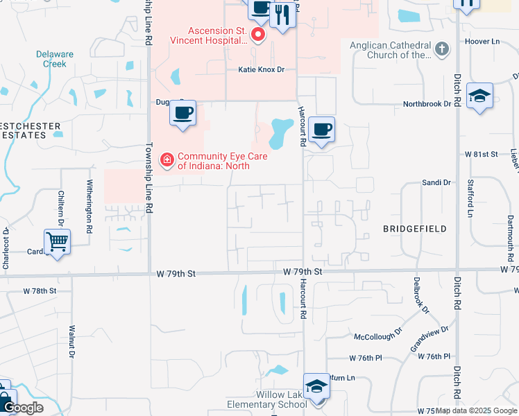 map of restaurants, bars, coffee shops, grocery stores, and more near 8021 Egret Lane in Indianapolis