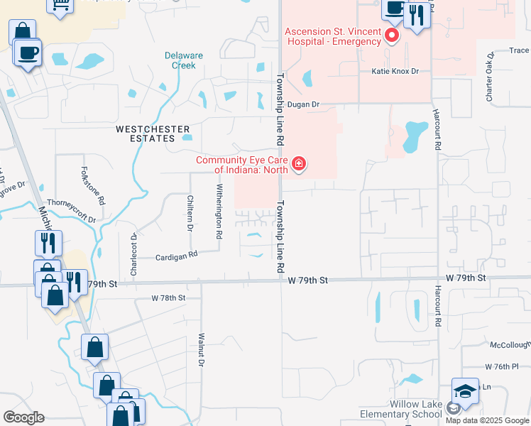 map of restaurants, bars, coffee shops, grocery stores, and more near 2433 Hideaway South Drive in Indianapolis