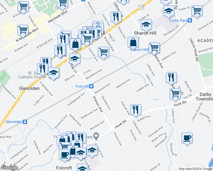 map of restaurants, bars, coffee shops, grocery stores, and more near 1511-1501 Elmwood Avenue in Folcroft