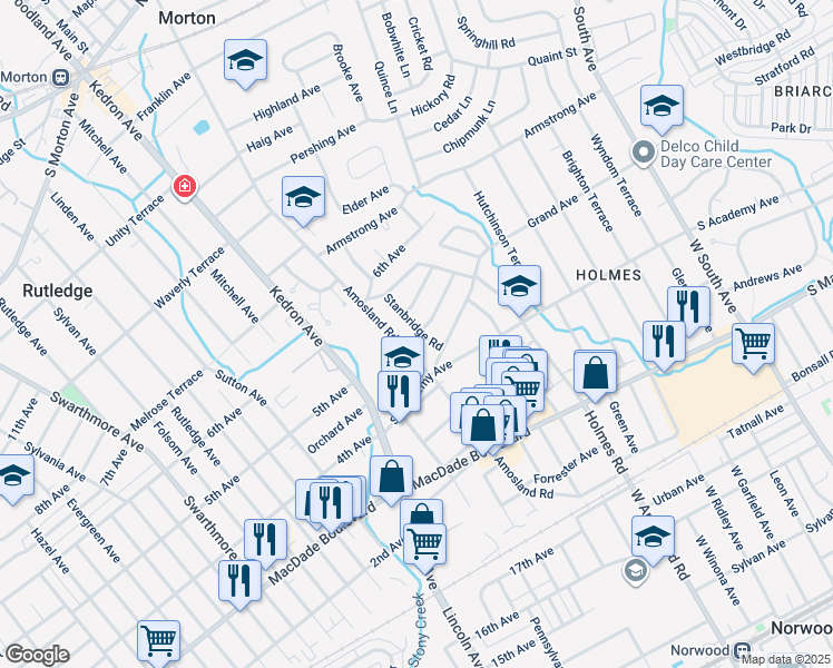 map of restaurants, bars, coffee shops, grocery stores, and more near 523 Stanbridge Road in Morton