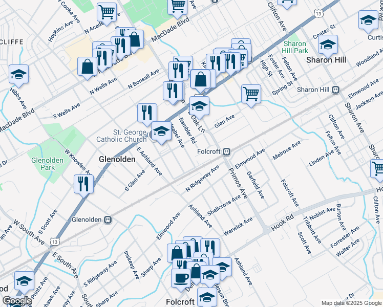 map of restaurants, bars, coffee shops, grocery stores, and more near 127 East Cooke Avenue in Glenolden